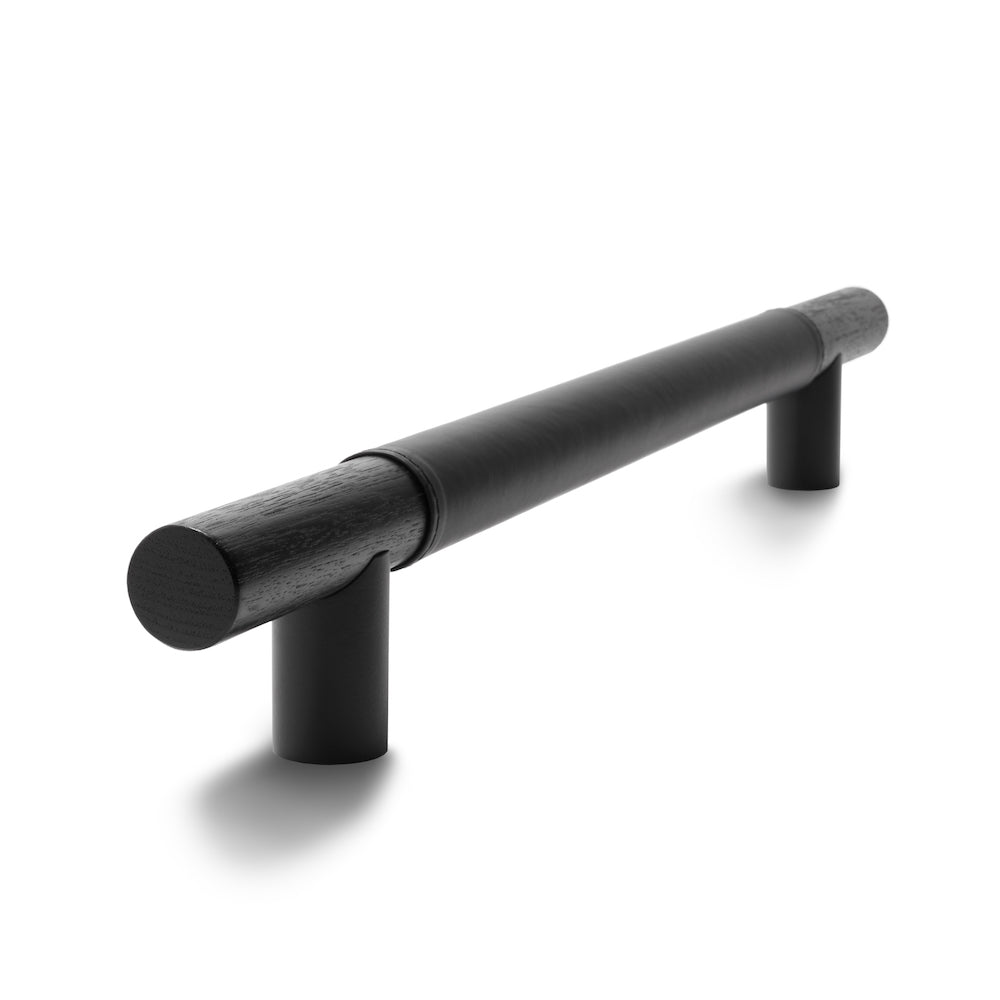 Timber Bar Door Handle | 600mm | Black with Black Leather Wrap | Back to Back Pair