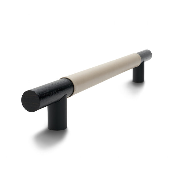 Timber Bar Door Handle | 600mm | Black with Classic Grey Leather Wrap | Back to Back Pair
