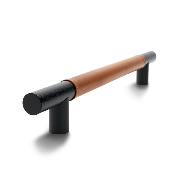 Timber Bar Door Handle | 600mm | Black with Saddle Tan Leather Wrap | Single