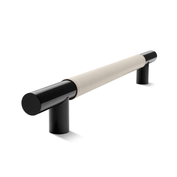 Metal Bar Door Handle | 600mm | Black Satin with Classic Grey Leather Wrap | Single