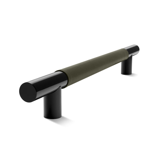 Metal Bar Door Handle | 600mm | Black Satin with Olive Leather Wrap | Back to Back Pair
