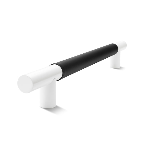 Metal Bar Door Handle | 600mm | White Satin with Black Leather Wrap | Single