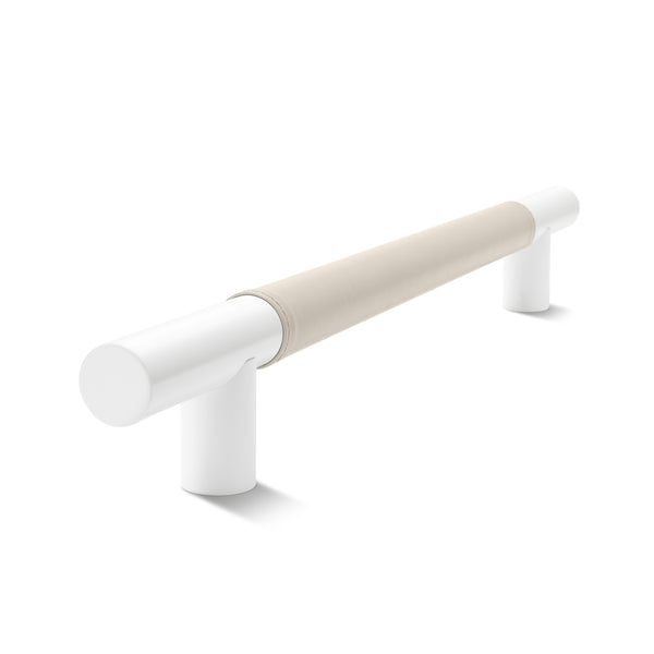 Metal Bar Door Handle | 600mm | White Satin with Classic Grey Leather Wrap | Back to Back Pair