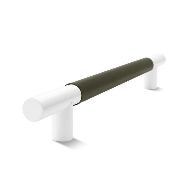 Metal Bar Door Handle | 600mm | White Satin with Olive Leather Wrap | Single