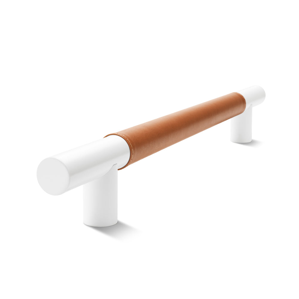 Metal Bar Door Handle | 600mm | White Satin with Saddle Tan Leather Wrap | Back to Back Pair