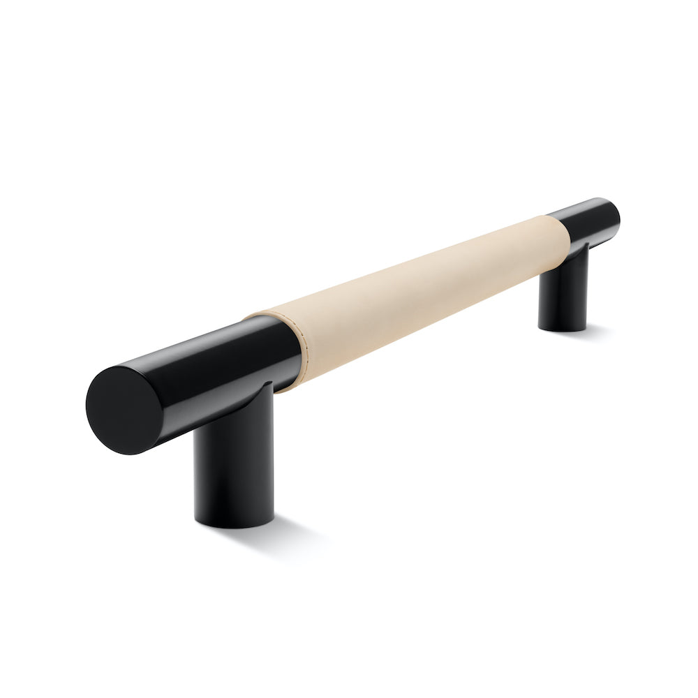 Metal Bar Door Handle | 600mm | Black Satin with Natural Leather Wrap | Back to Back Pair