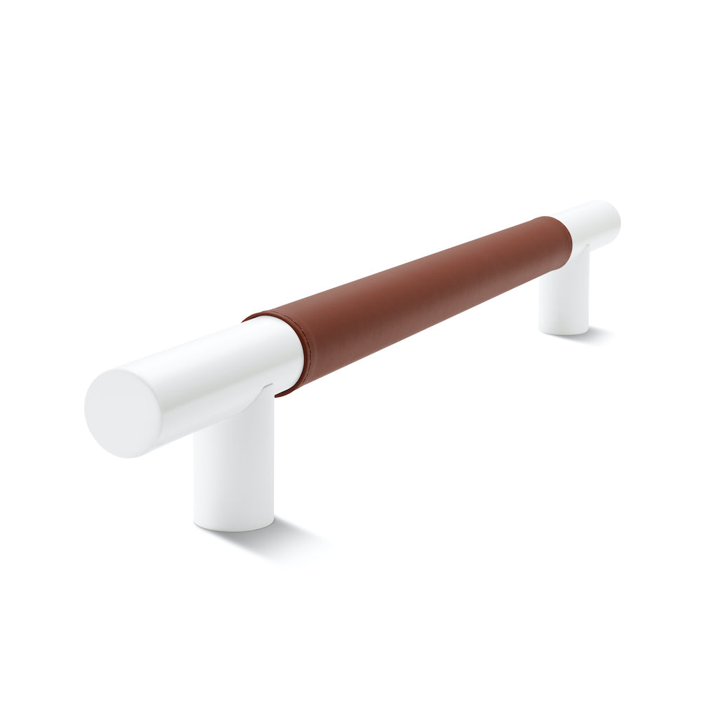 Metal Bar Door Handle | 600mm | White Satin with British Tan Leather Wrap | Single
