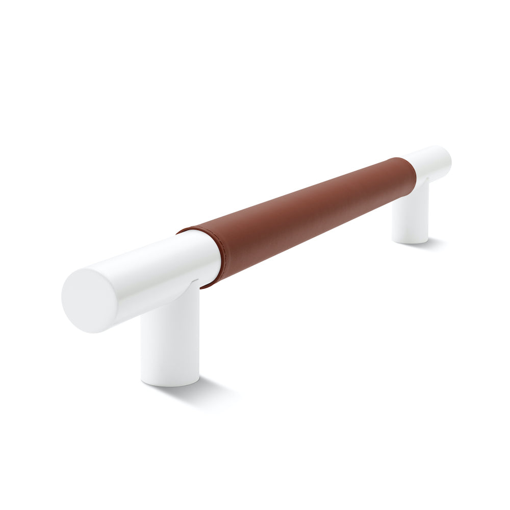 Metal Bar Door Handle | 600mm | White Satin with British Tan Leather Wrap | Back to Back Pair
