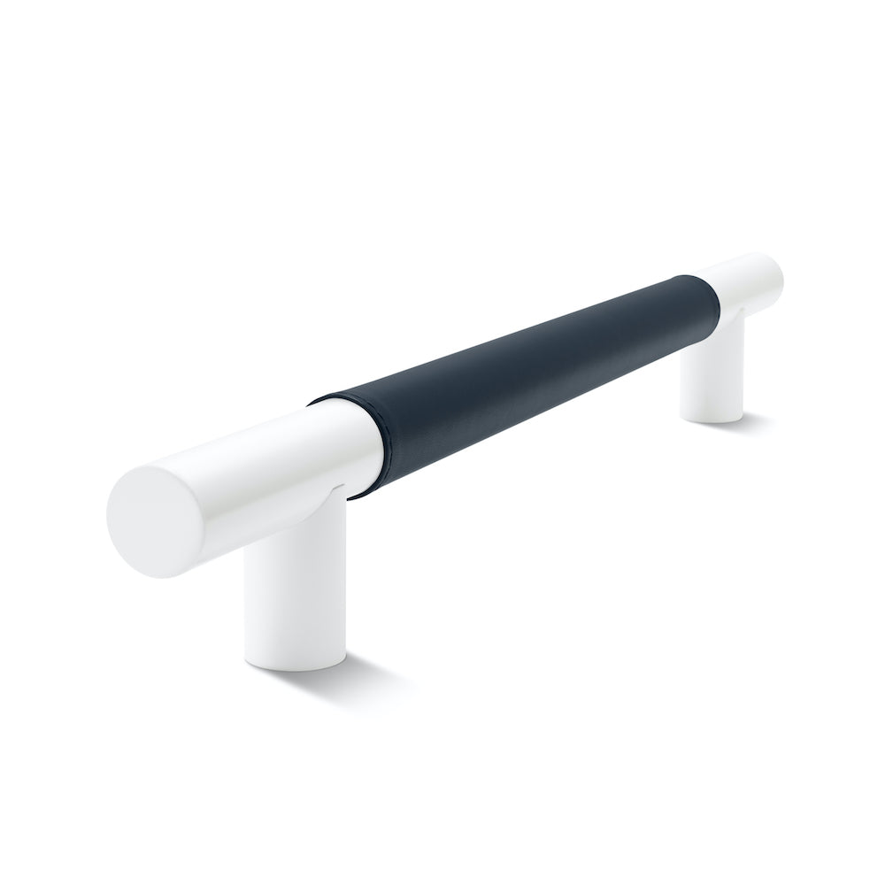 Metal Bar Door Handle | 600mm | White Satin with Oxford Navy Leather Wrap | Back to Back Pair
