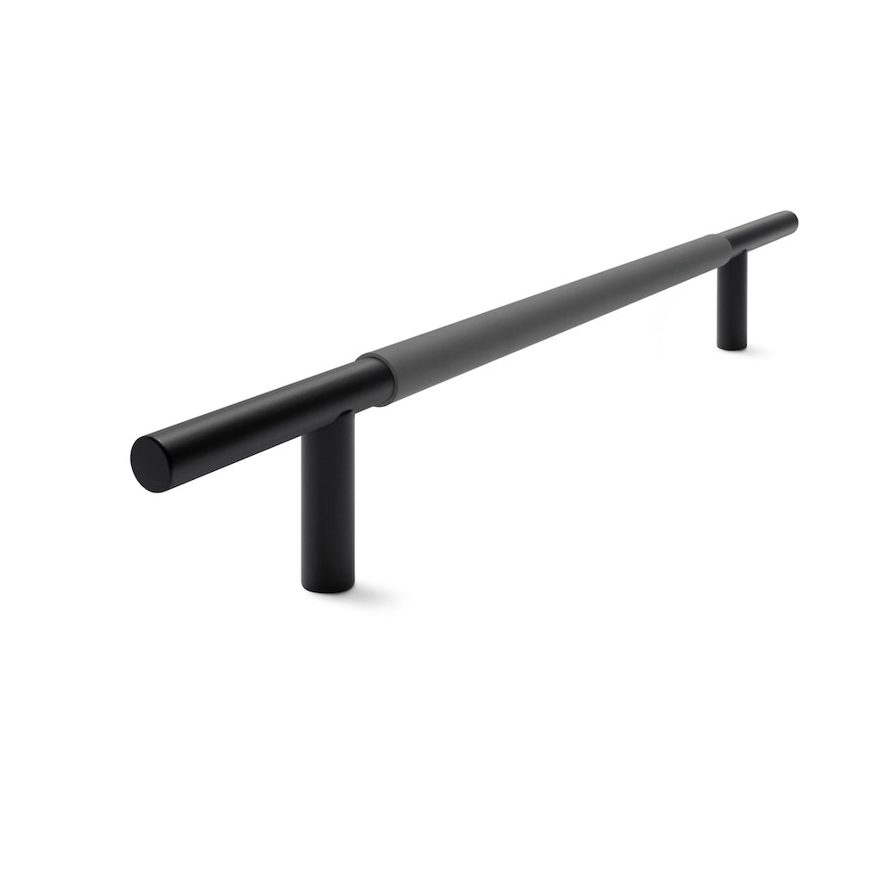 Slim Profile Door Handle | 700mm | Black Matt with Slate Leather Wrap | Single