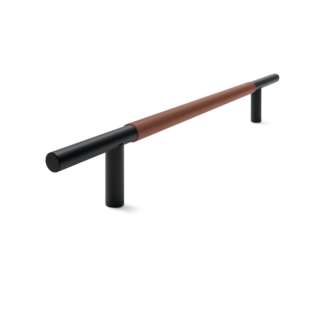Slim Profile Door Handle | 400mm | Black Matt with British Tan Leather Wrap | Back to Back