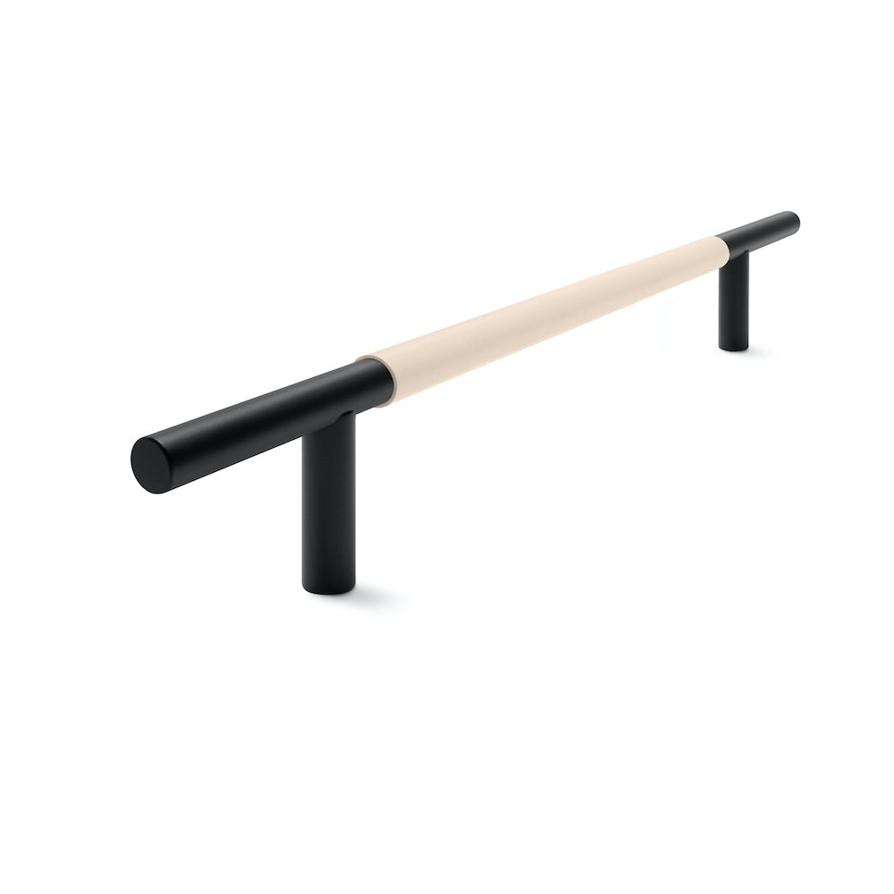 Slim Profile Door Handle | 400mm | Black Matt with Natural Leather Wrap | Single