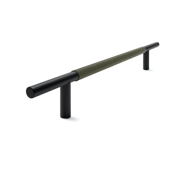 Slim Profile Door Handle | 700mm | Black Matt with Olive Leather Wrap | Single