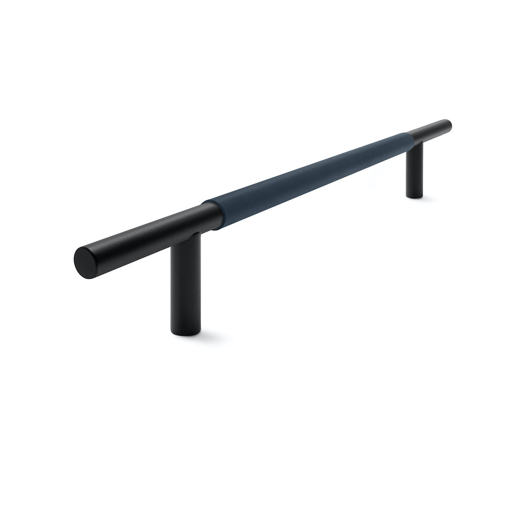 Slim Profile Door Handle | 700mm | Black Matt with Oxford Navy Leather Wrap | Single