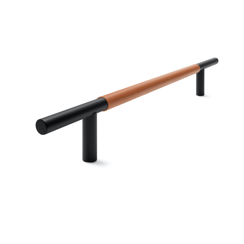 Slim Profile Door Handle | 700mm | Black Matt with Saddle Tan Leather Wrap | Single