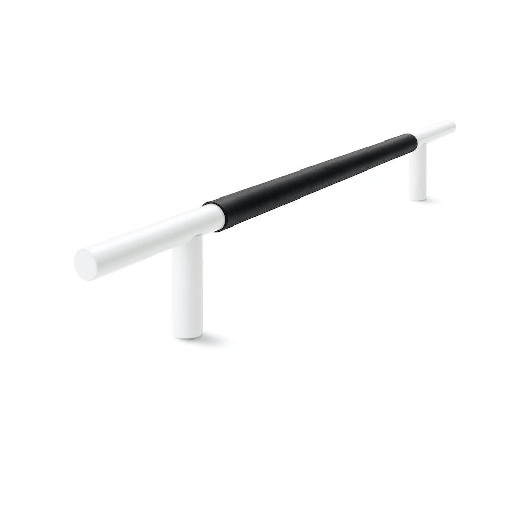 Slim Profile Door Handle | 700mm | White Satin with Black Leather Wrap | Back to Back