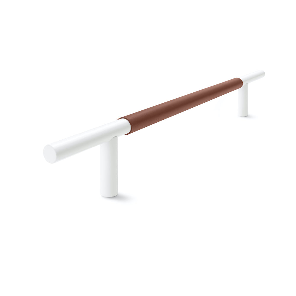 Slim Profile Door Handle | 700mm | White Satin with British Tan Leather Wrap | Back to Back