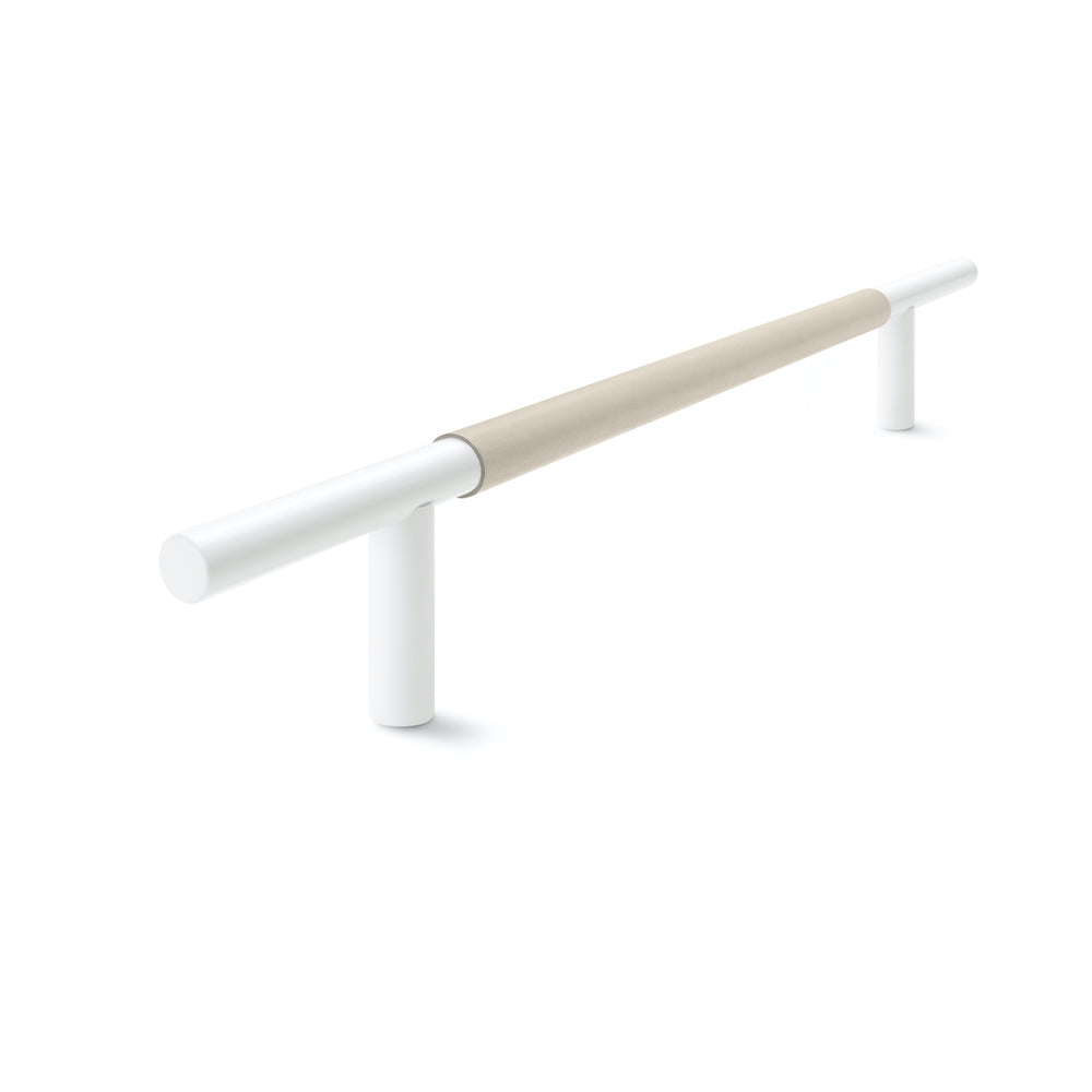 Slim Profile Door Handle | 400mm | White Satin with Classic Grey Leather Wrap | Single