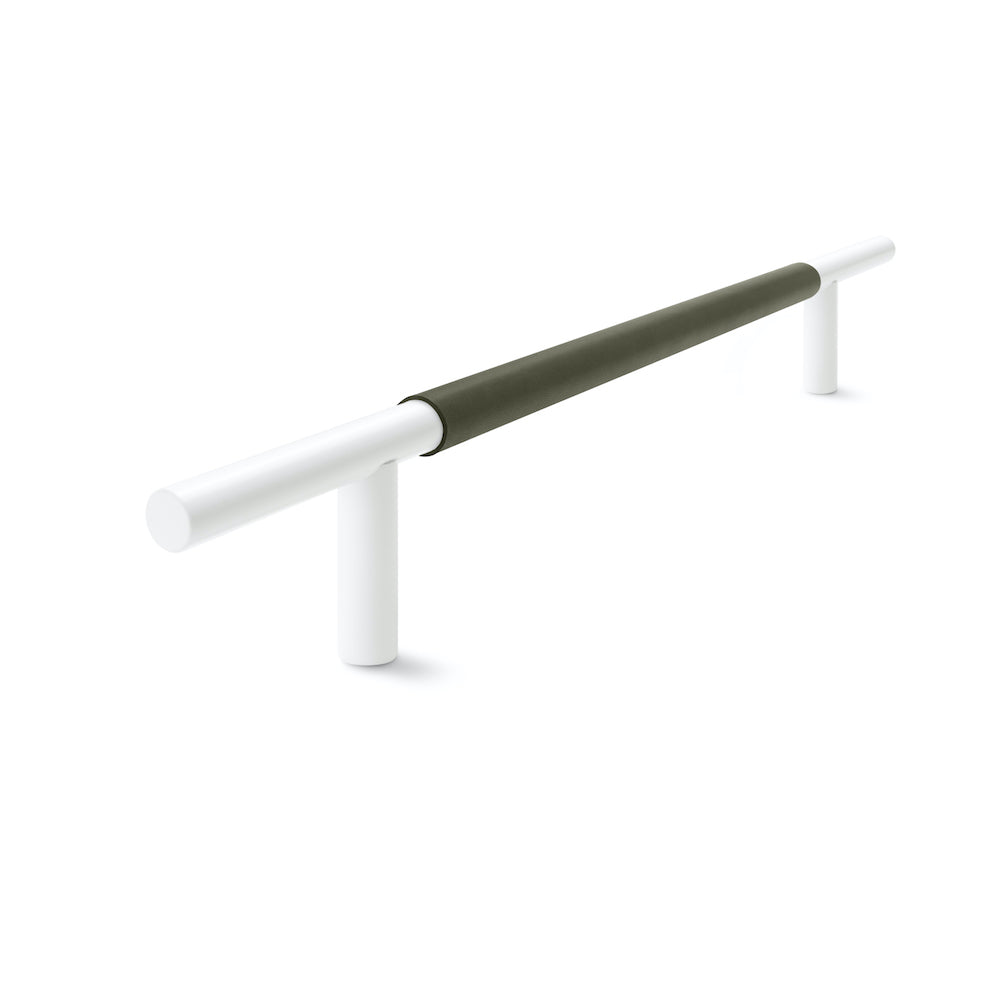 Slim Profile Door Handle | 700mm | White Satin with Olive Leather Wrap | Single