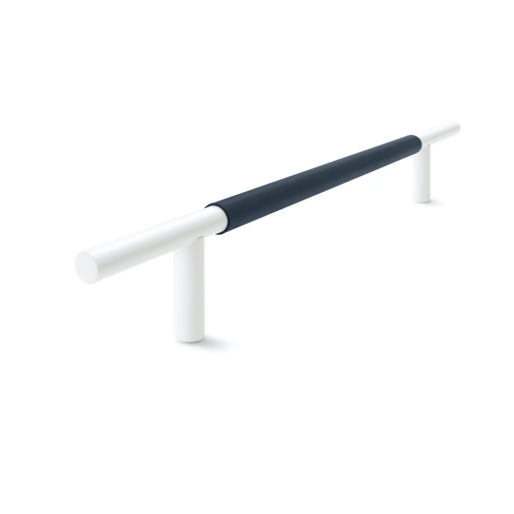 Slim Profile Door Handle | 400mm | White Satin with Oxford Navy Leather Wrap | Back to Back