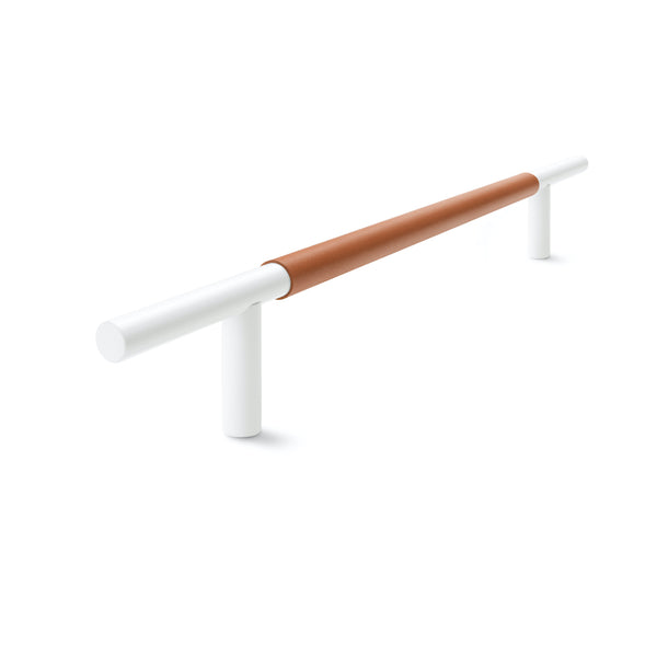 Slim Profile Door Handle | 400mm | White Satin with Saddle Tan Leather Wrap | Back to Back