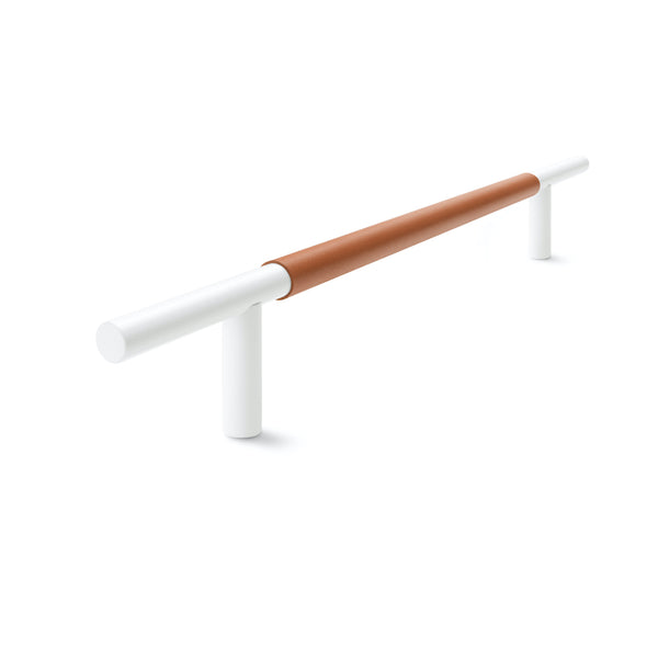 Slim Profile Door Handle | 400mm | White Satin with Saddle Tan Leather Wrap | Single