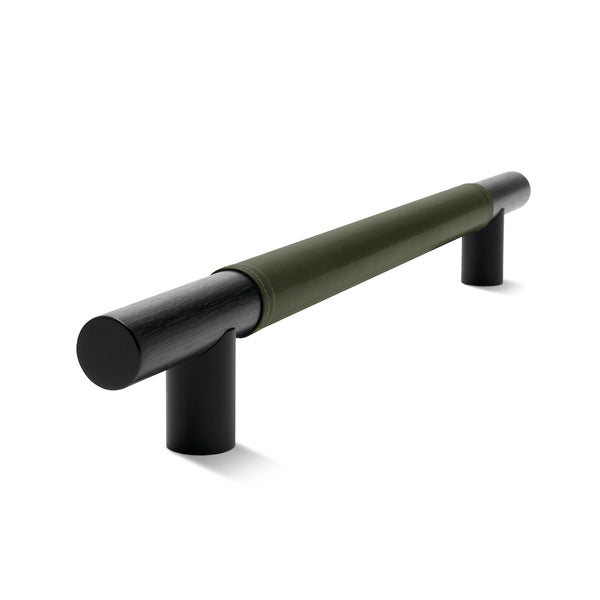 Timber Bar Door Handle | 600mm | Black with Olive Leather Wrap | Back to Back Pair
