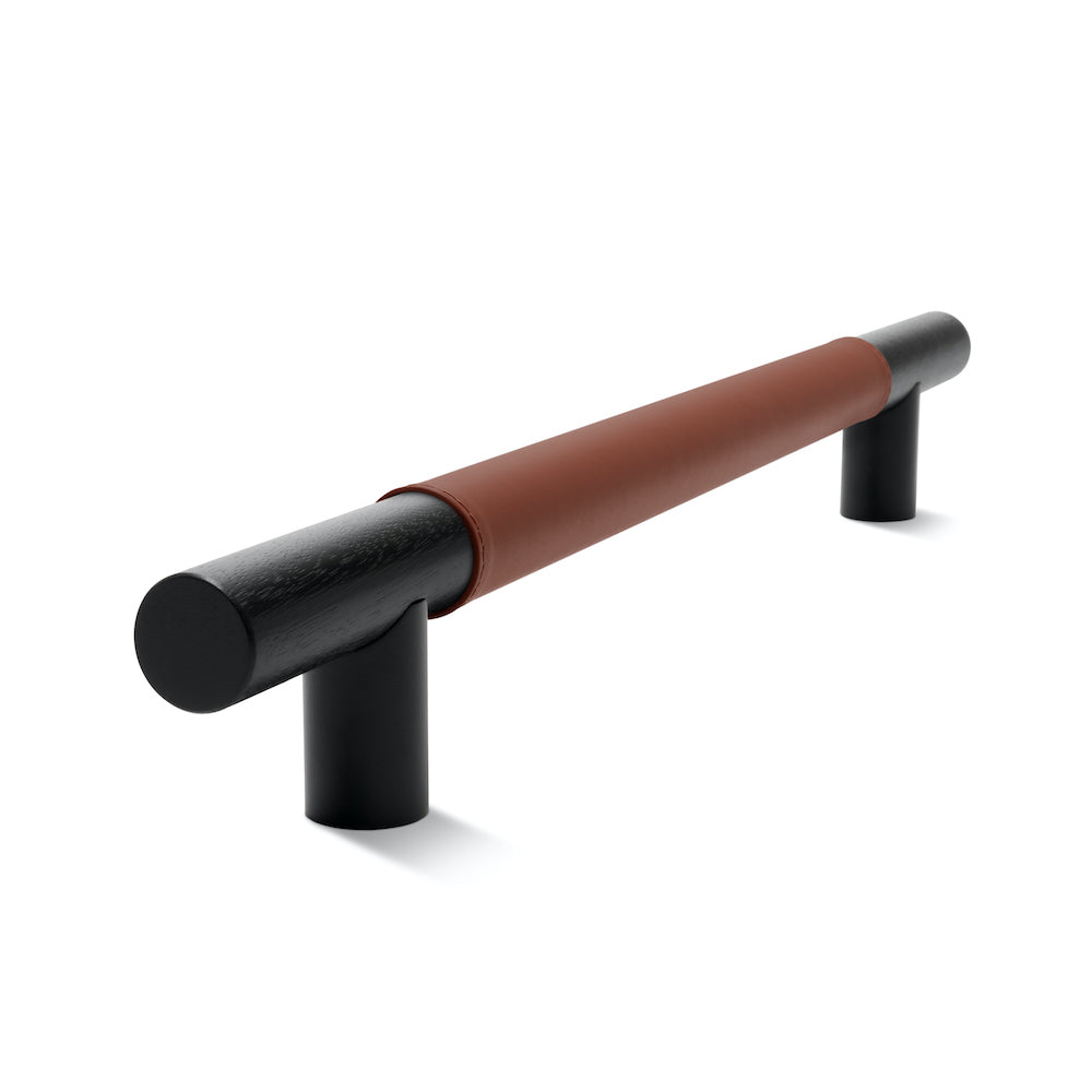 Timber Bar Door Handle | 600mm | Black with British Tan Leather Wrap | Back to Back Pair