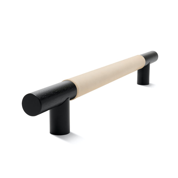 Timber Bar Door Handle | 600mm | Black with Natural Leather Wrap | Back to Back Pair