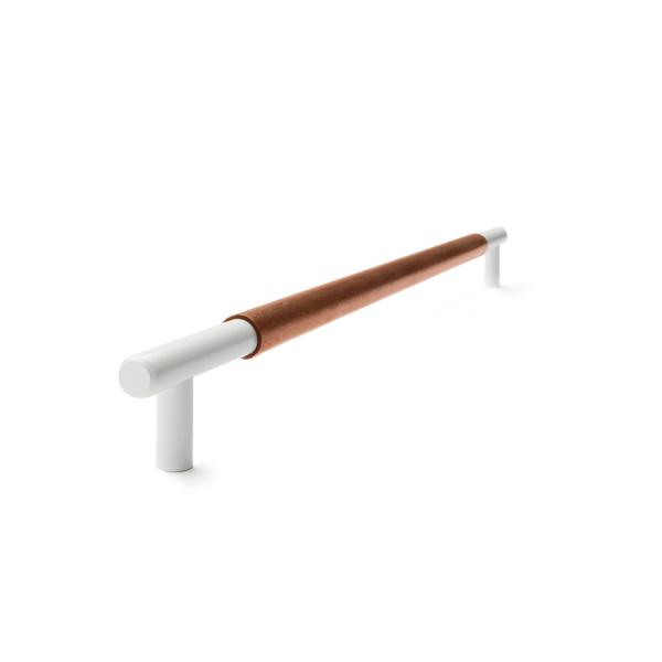 Slimline Cabinetry Handle | White Satin with Saddle Tan Leather Wrap | from